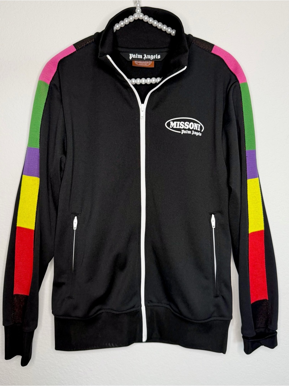 Missoni X Palm Angels Black Zip Track Jacket with Multicolor Sleeve Stripes
